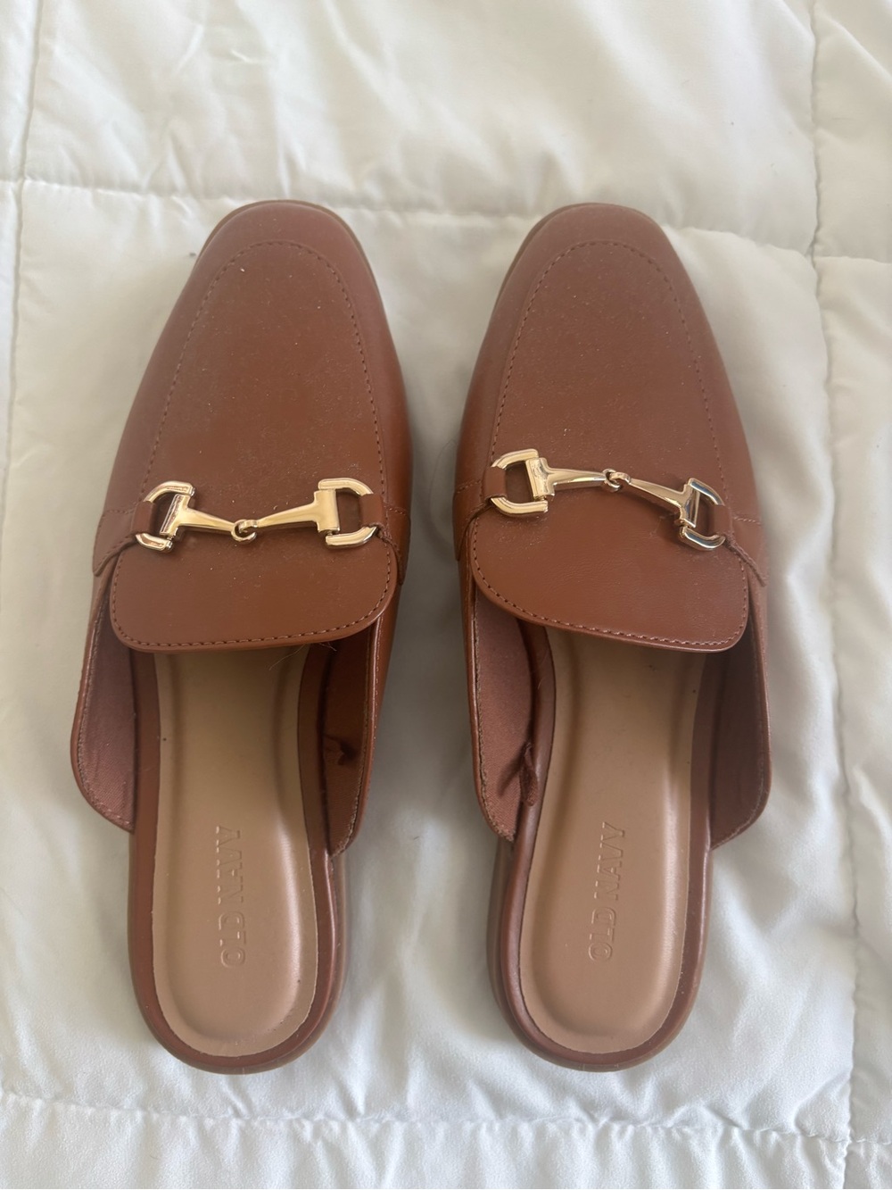 Brown Leather Slip-On Loafer Mules with Gold Hardware